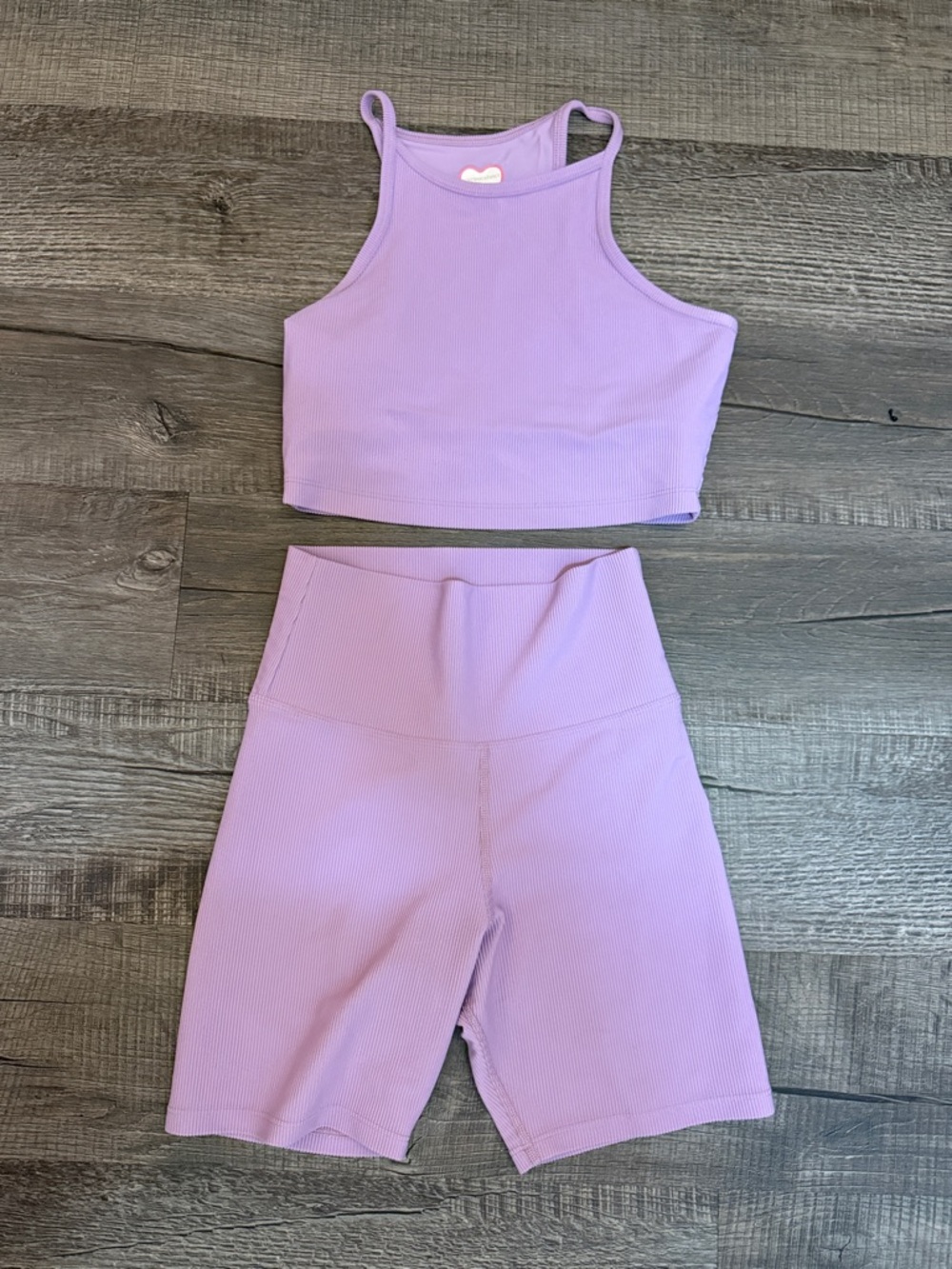 LoveShackFancy x Beach riot Lavender Ribbed Athletic Crop Top & Biker Shorts Set